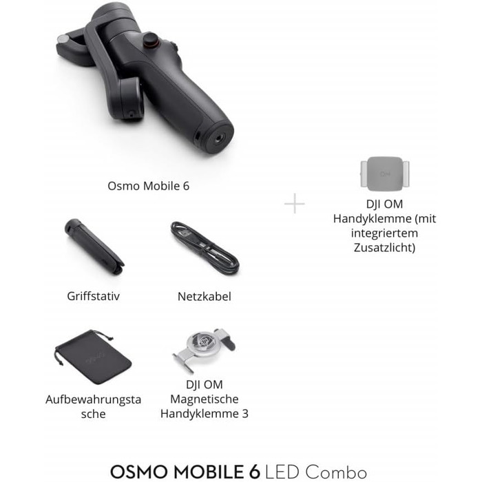 Стабілізатор DJI Osmo Mobile 6 для iPhone/Android, 3-осьовий, з розсувним штативом, відстеження об'єкта, для vlogging, YouTube, TikTok (Сірий, з кріпленням для телефону DJI OM з вбудованим світлом)