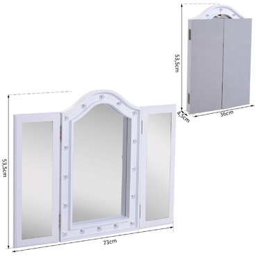 HOMCOM Vanity Mirror with 16 LED Lights - Freestanding, 180° Swivel, Battery-Powered, White, 3 Mirror Panels, 28.7 x 20.7 x 1.8 inches