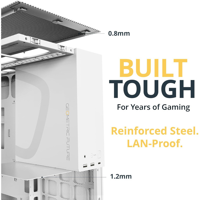 Корпус для ПК Geometric Future M5 з темнованим склом, Mid Tower, E-ATX/ATX, для геймінгу, сталь 1.2mm, Type C, без інструментів, підтримка радіатора 360/420, двокамерний, GEO-M5-BNY (білий, скляна версія з 5 вентиляторами 140x140)