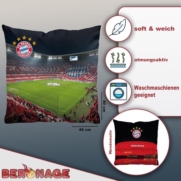 Двостороння подушка FC Bayern München Allianz Arena 40x40 см – футбольний декор для дивана та ліжка, фанатський аксесуар, ідеально до постільної білизни ФКБ
