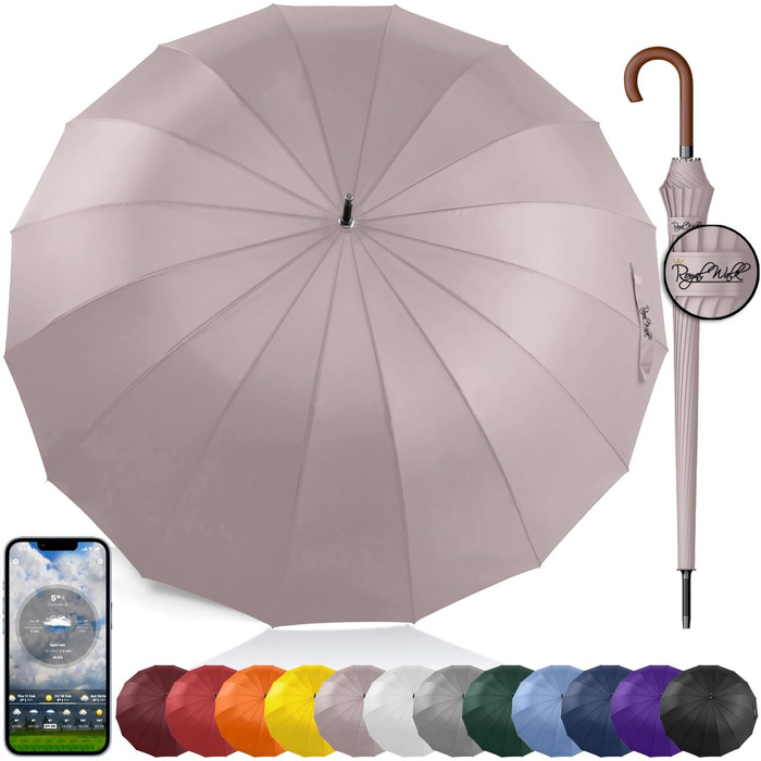 Гольф-парасолька Royal Walk XXL 54 дюйми (140 см) для 2 особи, автоматична, вітростійка, з дерев'яною ручкою, 16 ребер, унісекс, бежева