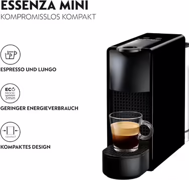 Nespresso Krups XN1108 Essenza Mini Coffee Capsule Machine | 14 Capsules | 19 bar | Energy Saving Mode | 1260 W | 0.6 L | 8.03 x 3.31 x 12.99 cm | Black | Energy Class A Black without Milk Frother Single