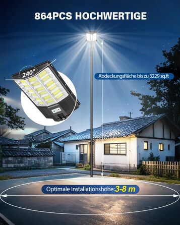 Вуличний сонячний LED світильник Sararoom 1000W з датчиком руху, 864LED, 6500K, IP65, з пультом, для саду, тераси, гаража, газону