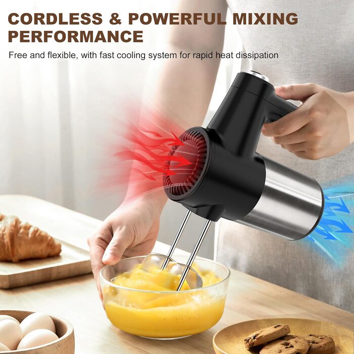 Бездротовий міксер з цифровим дисплеєм, 7 швидкостей, акумуляторний, з 6 насадками з нержавіючої сталі (міксер, вінчик, гачок для тіста) та підставкою для зберігання