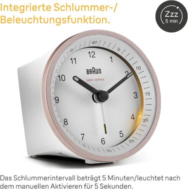Classic analog radio alarm clock by Braun for the Central European Time zone (CET/GMT+1) with snooze function, lighting, quiet movement, crescendo alarm in white and rose, model BC07PW-DCF
