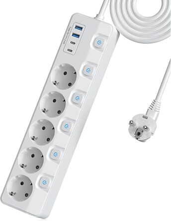 Многорозеткова смуга з 5 розеток та 4 USB-портами швидкої зарядки, KEPLUG, захист від перенапруги, індивідуальне вмикання/вимикання, плоский штекер, настінний монтаж, для офісу, кухні, столу, білий