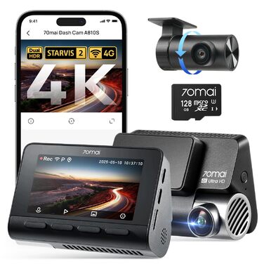 Автомобільний відеореєстратор 70mai A810S 4K HDR Dual Dashcam (передня та задня камери), Sony STARVIS 2 IMX678, Night Owl Vision, 4G LTE, ADAS, паркування 24/7, WiFi, 128GB Micro SD