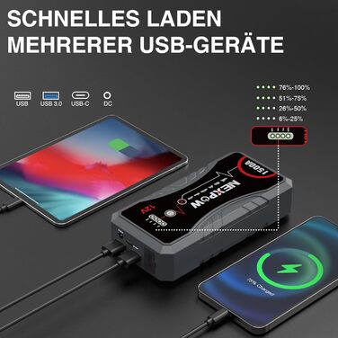 Powerbank для авто NEXPOW Starthilfe 1500A: стрибковий стартер з LED ліхтариком та USB, 12V для бензинових (7.0L) та дизельних (5.5L) двигунів