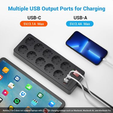 Мережевий фільтр 8 розеток з USB C, захист від перенапруги, адаптер з 2*USB A та 2*USB C, мережевий перехідник з подвійним вимикачем, кабель 1.5м чорний