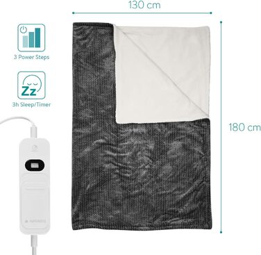 Електрична ковдра Navaris XXL з підігрівом 180x130 см, 3 режими, автовимкнення, пральна, сіра та біла, плюшева