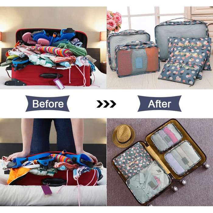 Органайзер для валізи Vicloon, набір 8/6 шт. - сумки-органайзери для подорожей, аксесуари для валізи, чохли для взуття, косметичні сумки, блакитний з квітковим принтом