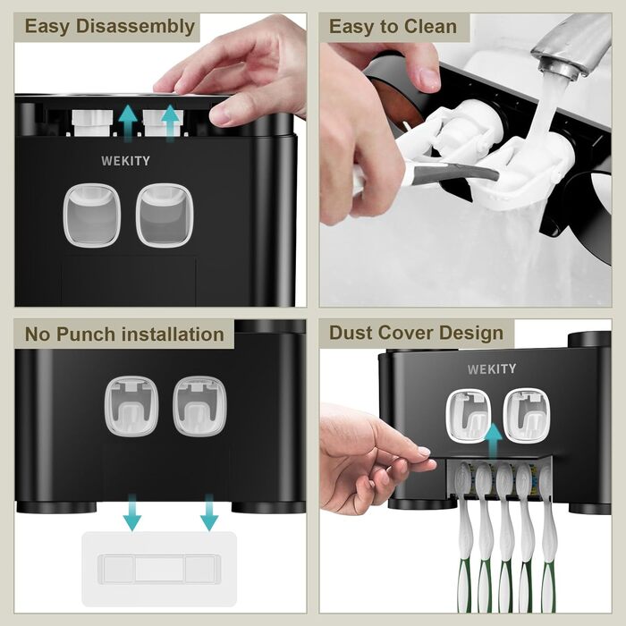 WREWING Toothbrush Holder, multifunctional, wall-mounted, automatic toothpaste dispenser & dust-proof toothbrush holder with 5 brush slots, 4 cups, 2 automatic toothpaste dispensers, 1