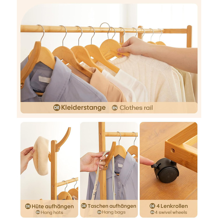 Yorbay Bamboo Clothes Rack with Wheels, with Clothes Rail, 3 Shelves and 6 Hooks, Tree Shape, 100 x 38 x 176 cm (Natural)