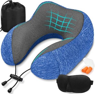 Подушка для шиї у літак - туристична подушка з Memory Foam - портативна подушка для подорожей - з 3D-маскою для сну та берушами - ідеальна для літака, авто, дому, офісу, подушка для сну (Блакитна)