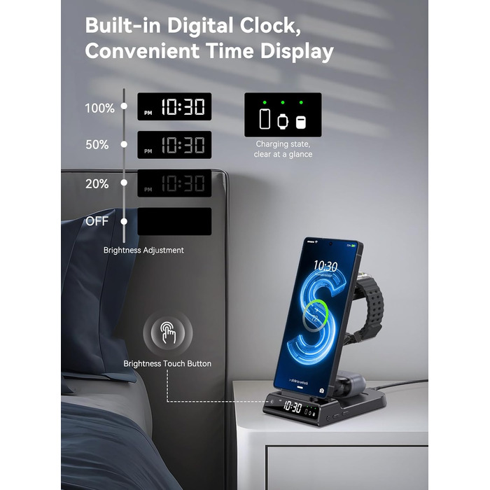 Бездротовий зарядний пристрій 3-в-1 для Samsung Galaxy S25 Ultra, Watch 8/7/Ultra, Buds, чорний