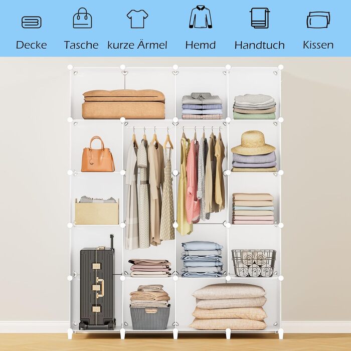 HOMIDEC Wardrobe, Portable Shelving System, 20-Cube Closet Organizer made of Plastic with 2 Clothes Rods, Bedroom Wardrobe Closet White for Bedroom, 180 x 142 x 45cm