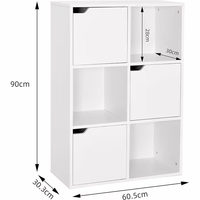 Storage Shelf, Multi-Tiered Bookshelf, Wooden Shelf, Storage Cabinet for Books and DVDs, Six Compartments with THREE Doors, White