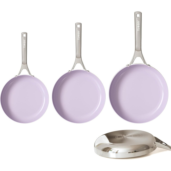 Набір антипригарних сковорідок Tjean з керамічним покриттям (без PTFE, PFOA, PFAS) з нержавіючою ручкою, підходить для індукційних, газових, електричних плит та духовки до 280°C (фіолетовий, 20+24+28 см)