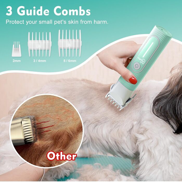 Професійна машинка для стрижки собак та котів Hoofun 4-в-1, IPX7, бездротова, з 4 насадками, для собак, котів, кроликів (біла/блакитна)