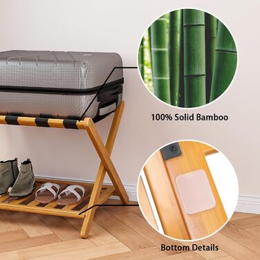 Fully assembled bamboo luggage rack with 5 straps, 2-tier foldable suitcase stand, wide wooden luggage rack, foldable luggage shelves, ideal for guest rooms, bedrooms, hotels