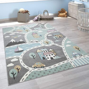Paco Home Kids' Rug with Street Motif, Play Rug for Children's Room, in Green Grey, Size: 200x280 cm 200x280 cm Green