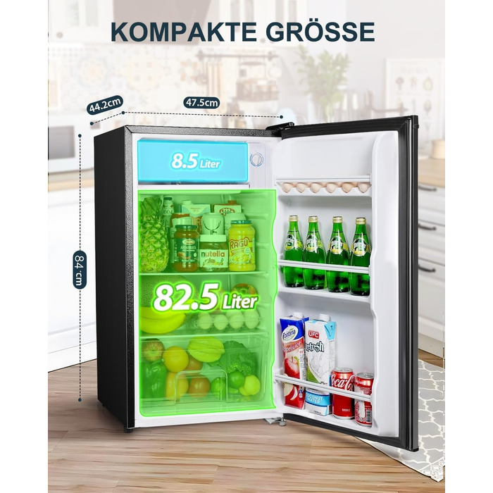 Холодильник Upstreman 91L з функцією швидкого охолодження, 5 температурних режимів (1-8℃), енергоефективний, 41 дБ, компактний та місткий, для студентського гуртожитку/офісу, BR321 (срібний)