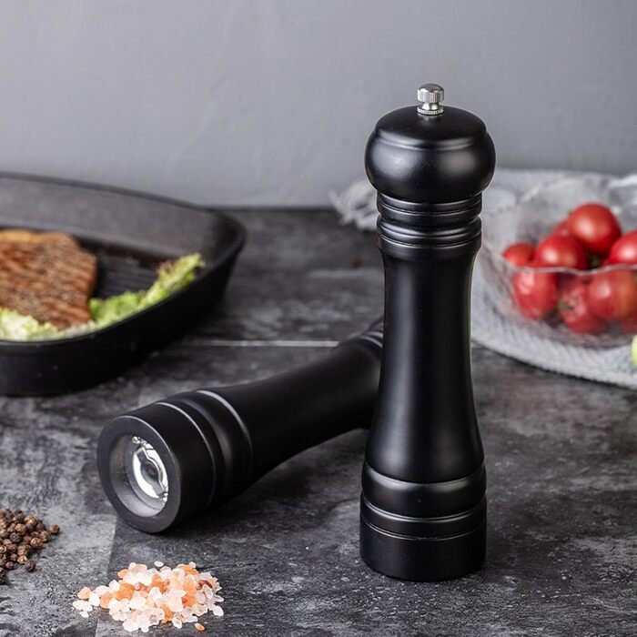 Salt and pepper grinder, wooden pepper grinder set salt pepper mill kit manual mills solid with strong adjustable ceramic grinding mechanisms 2 pieces 8 inch (K 2 Black)