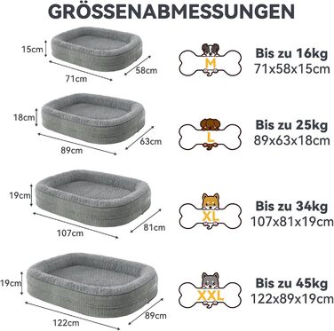 Ортопедичне ліжко для собак Pawk, середні та великі породи, з підтримкою шиї, з Memory Foam, водонепроникне, знімний чохол (Світло-сірий, XL-L 107 x 81 x 19 см)