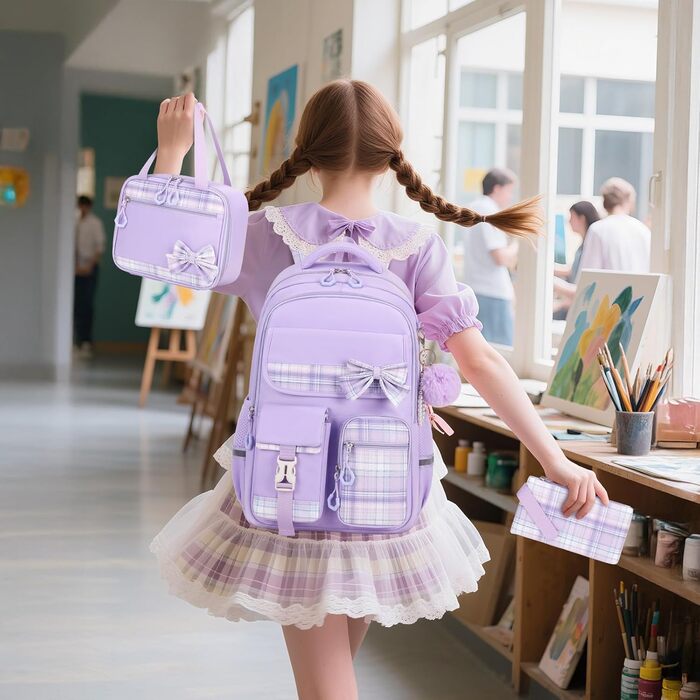 Шкільний набір для дівчаток: рюкзак, ланч-бокс, пенал. 3-ий клас, 4-5 клас, фіолетовий колір
