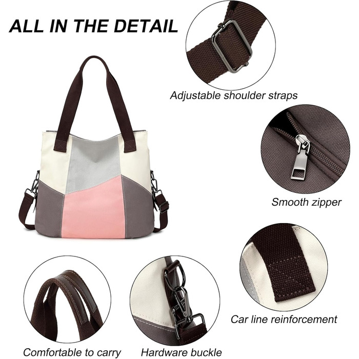 Сумка жіноча Canvas через плече Hobo великої місткості, рожева - для школи, шопінгу, повсякденного використання