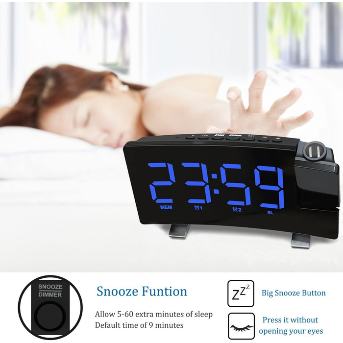 VORRINC Projection Alarm Clock, Digital Alarm Radio with 180° Projection, USB Port, Dual Alarms, Snooze, 12/24H, 3 Projection Brightness with Automatic Dimmer, for Bedroom Ceiling (Blue)