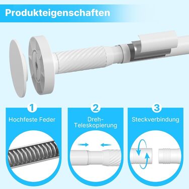 Штанга для карнизів без свердління, 100-230 см, регульована телескопічна штанга для душу, вікна та балкону (діаметр 25 мм, білий)