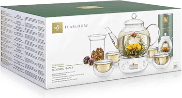 Набір для чаю Teabloom: чайник 1,2 л зі скла, 4 скляні чашки та 12 чайних квітів жасмину