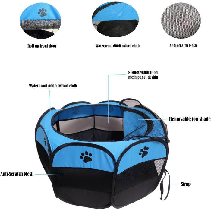 Переносне вольєр для тварин, складаний вольєр для собак та котів, кроликів, тренувальний намет для домашніх тварин, для використання в приміщенні та на вулиці, блакитний (72,9 x 72,9 x 40,6 см)