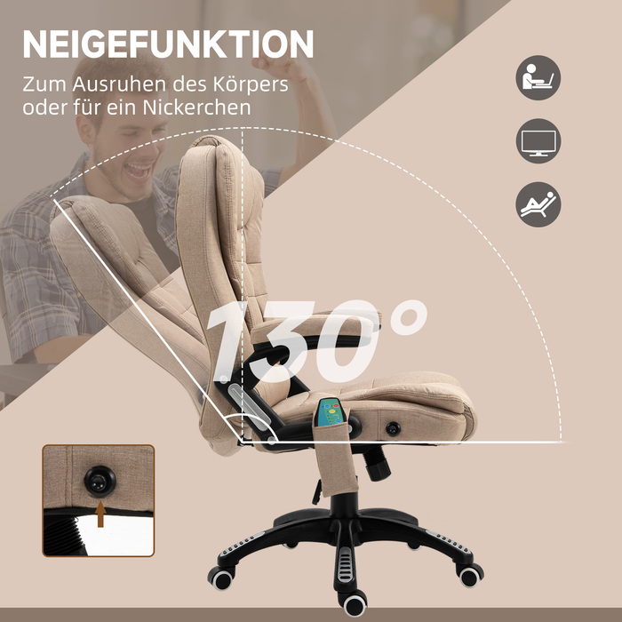 Vinsetto Office Chair with Vibration Massage, Ergonomic Desk Chair with Heating and Recline Function, Adjustable Height Executive Chair with Remote Control, Side Pocket, Linen-Look, Brown | Aosom