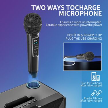 Портативна караоке-машина з Bluetooth, 20W, 2 бездротові мікрофони, PA-система для дому, вечірок, церкви, пікніка, на відкритому повітрі, чорний