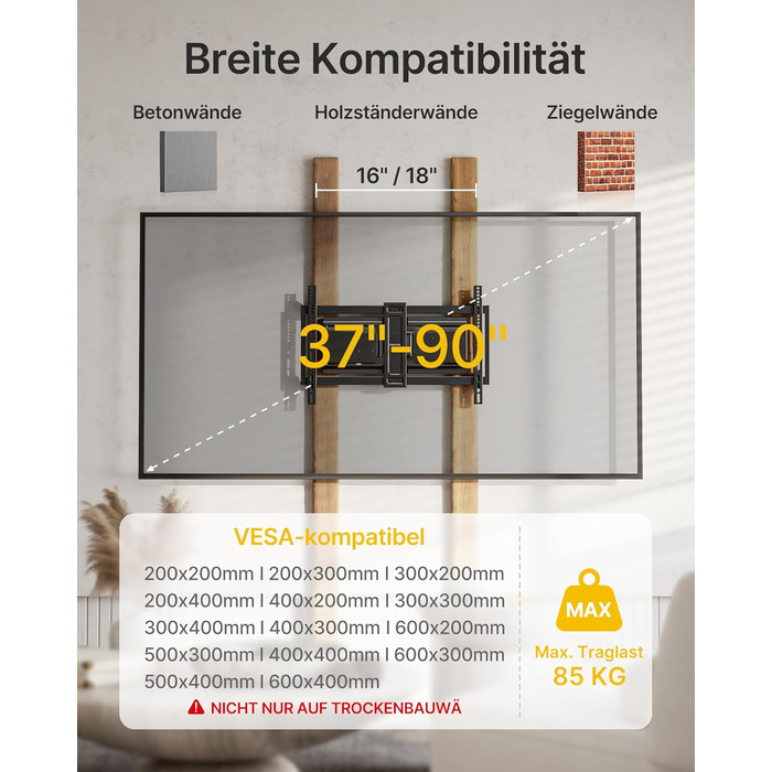 Настінне кріплення для телевізора monTEK Ultra Slim 37-90 дюймів (до 85 кг), поворотне, з похилом, висувне, VESA 600x400