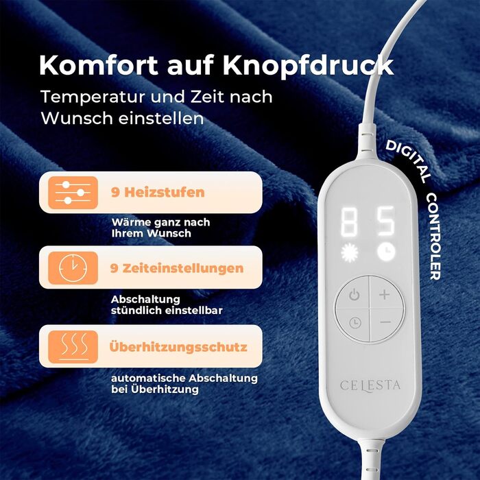 Електрична ковдра Celesta з автовимкненням, 9 температурних режимів, таймер, для софи, ліжка та офісу (Морська синя, 180 x 130 см)