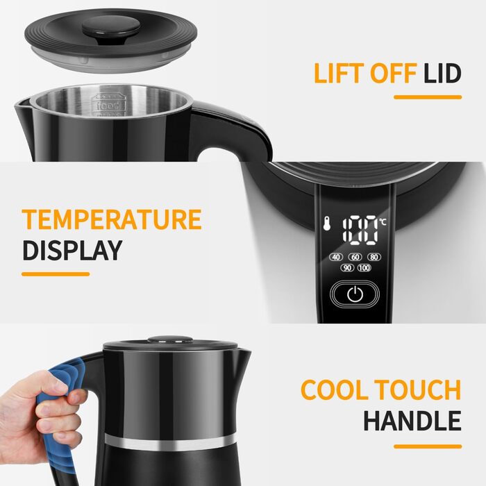 Електричний чайник Aigostar Alva з регулюванням температури 40°C-100°C, 1.7 л, подвійні стінки, Cool Touch, LED дисплей, тихий, бездротовий, з функцією підтримання тепла, 2200W, BPA Free, чорний
