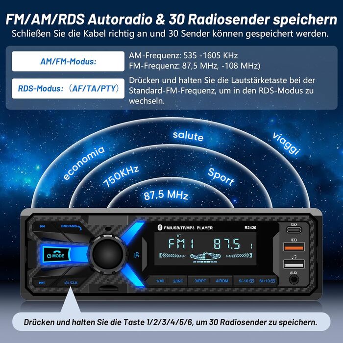 Автомагнітола Wistrue 1DIN з Bluetooth, FM/AM, USB/SD, AUX, MP3, Type-C, чорна
