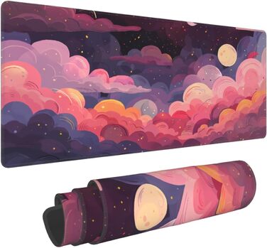 Килимок для миші Japanisches Mauspad, 90 x 40 см, стиль Аніме, дизайн Арт, великий ігровий килимок, для клавіатури та столу, антиковзаюча гумова основа, прошиті краї, для дому та офісу (X-Large, Рожевий, Фіолетовий, Хмара)