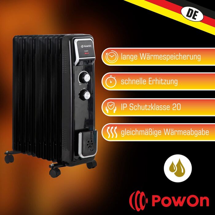 Електричний масляний радіатор PowOn 7 ребер - 30x14x38 см, 2500W | Економне опалення