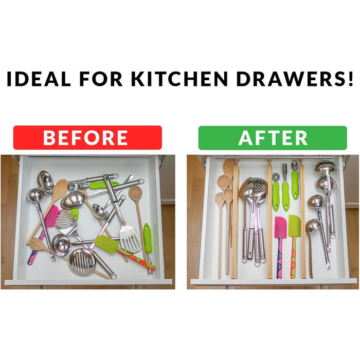 Bamboo Drawer Dividers for Kitchen - Organizational Set of 4 - Spring-Loaded Adjustable & Expandable Drawer Organization