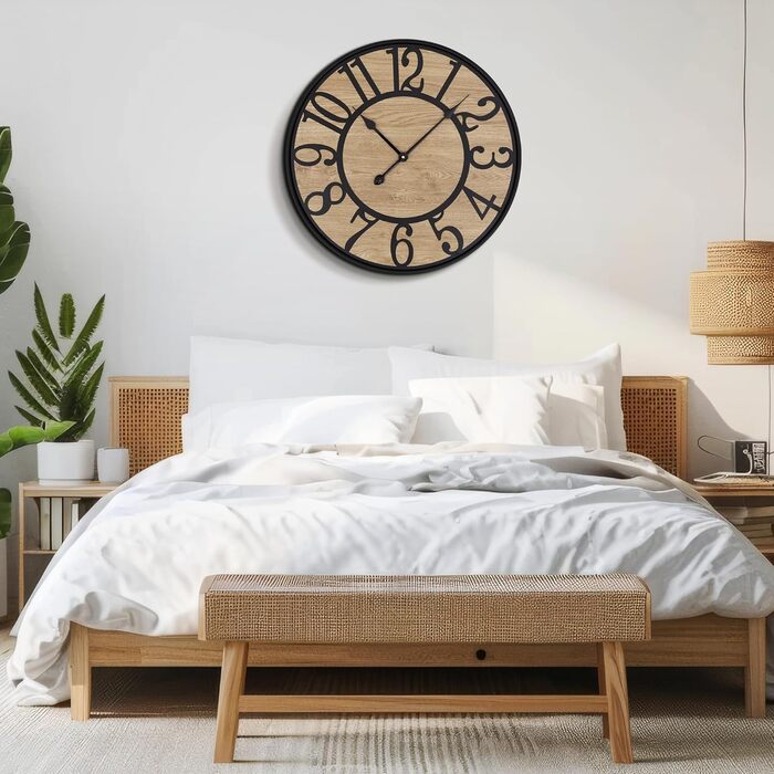 Large Wall Clock Without Ticking, 50 cm / Silent Wood Vintage Wall Clock Retro Battery Powered Modern For Living Room Bedroom, Kitchen, Farmhouse, Office Decoration (14 inch, Black Metal - Arabic Numerals)