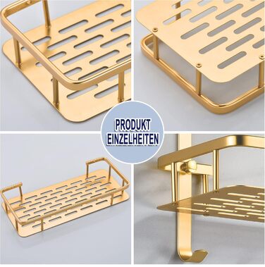 No-Drill Shower Shelf, Square Shower Rack Bathroom Shelf for Shampoo and Shower Gel Holder Bathroom Wall Shelf Organizer With 2 Hooks (2 Tier, Champagne Gold)