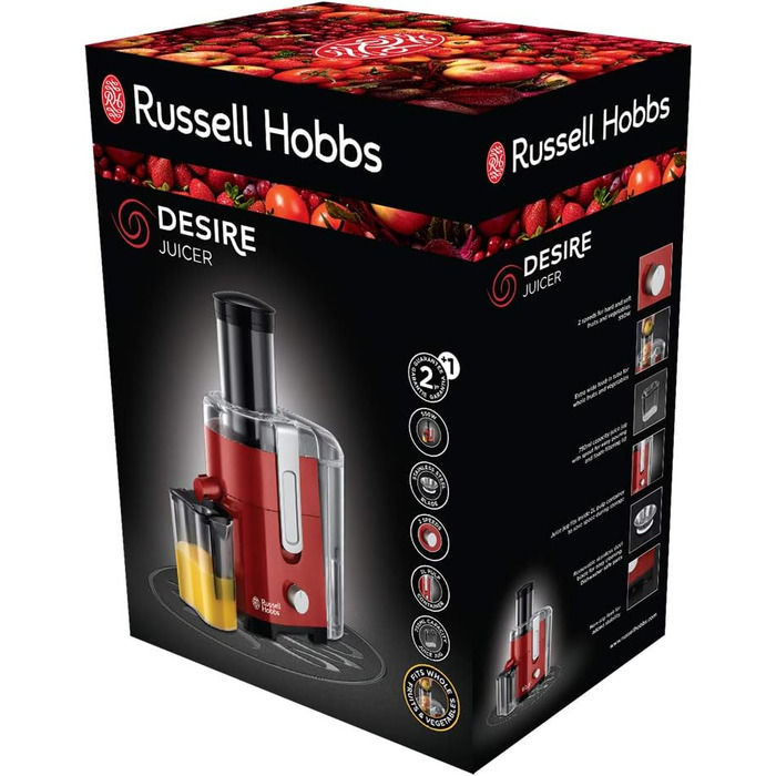 Russell Hobbs Juicer [Vegetables and Fruit] Desire Red (XL filling opening for whole fruit & vegetables, 2 speed settings, 750ml juice container, 2.0l pulp container, BPA-free) Juicer 24740-56