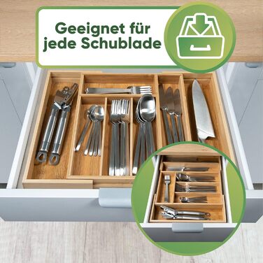 Loco Bird Cutlery Box for Drawers - 5 to 7 Compartments - Extendable Bamboo Cutlery Insert for Drawers - Drawer Organizer Kitchen - Drawer Insert Kitchen - Cutlery Organizer Drawer