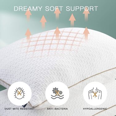 BedStory Pillows, Sleeping Pillows, 2 Pack, Hypoallergenic, Anti-Dust Mites Pillows, Down Alternative Quality, Bed Pillows for Back, Stomach, and Side Sleepers, Standard Size, Washable, 42 x 70 cm