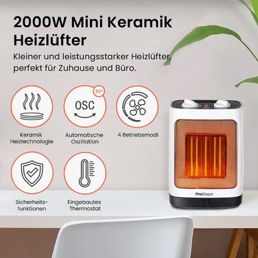 Про Breeze 2000W керамічний міні-нагрівач з автоматичною осциляцією, 2 режими, тихий, для вітальні, офісу, тераси - білий
