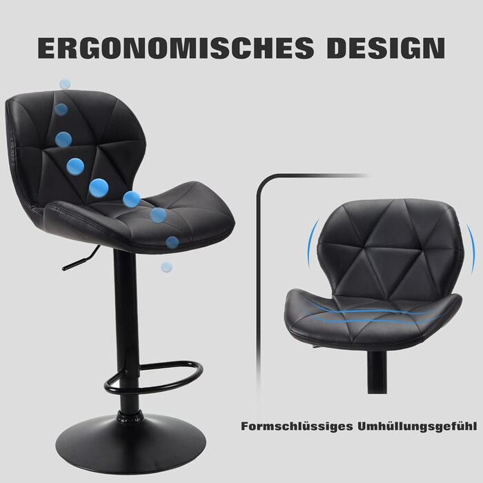 WangPangzi Adjustable Bar Stools 2-Pack with Backrest - Padded Leatherette Kitchen Bar Chairs with Footrest for Counter Height, Restaurants, Hotels & Bars (Black)